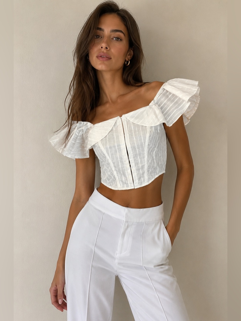White Off-Shoulder Ruffle Crop Top size L